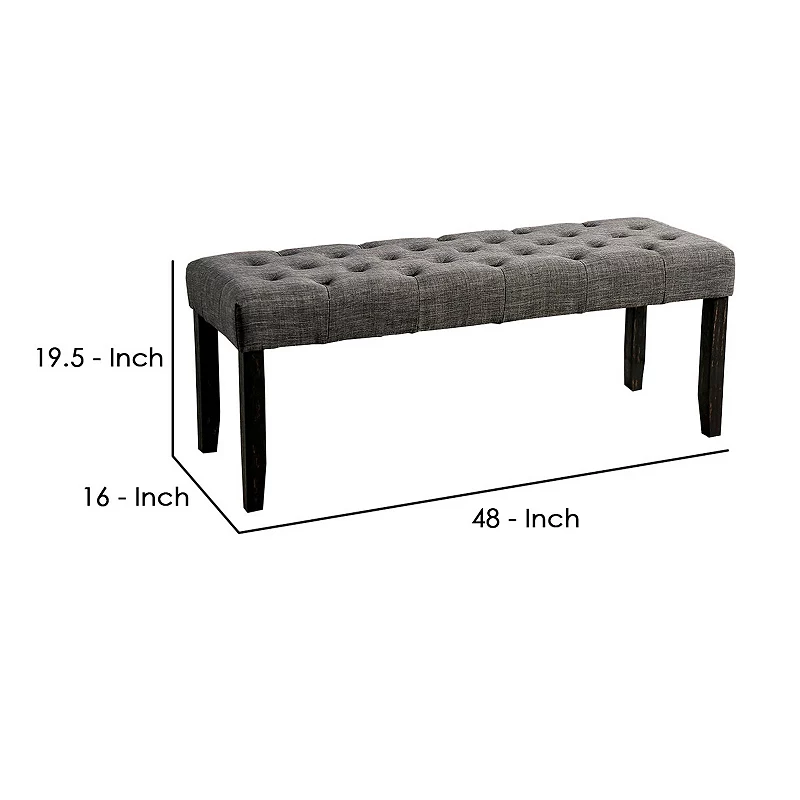 48 Inches Bench with Button Tufted Seat and Chamfered Legs， Gray