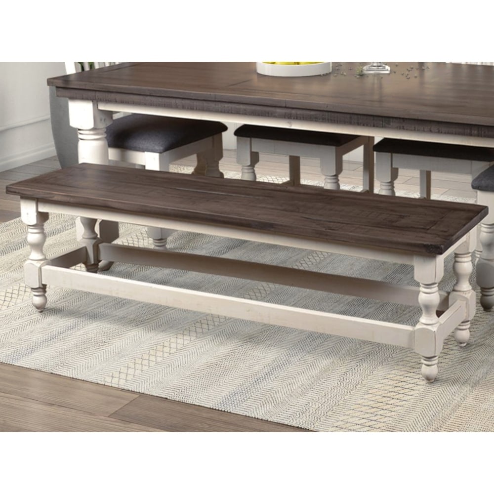 Rustic French Distressed White and Greyish Brown Solid Wood Dining Bench 19 in. X 64 in. X 17 in.   17\