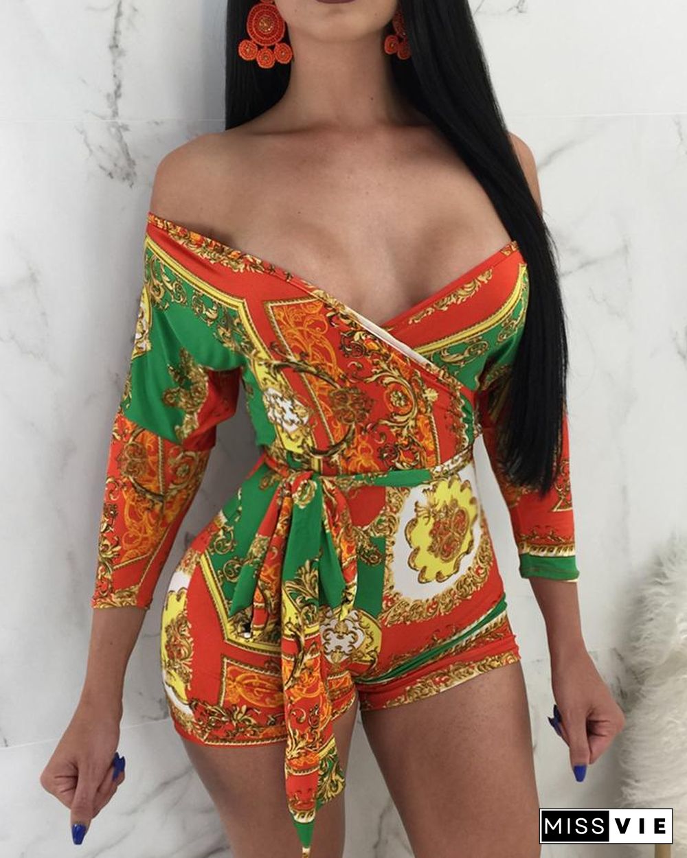 Deep V Neck Retro Print Belted Rompers