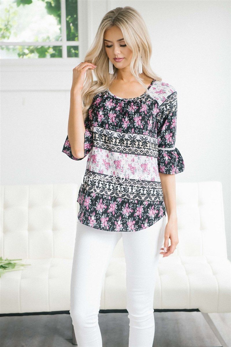 Lace Trim Bell Sleeve Chiffon Top