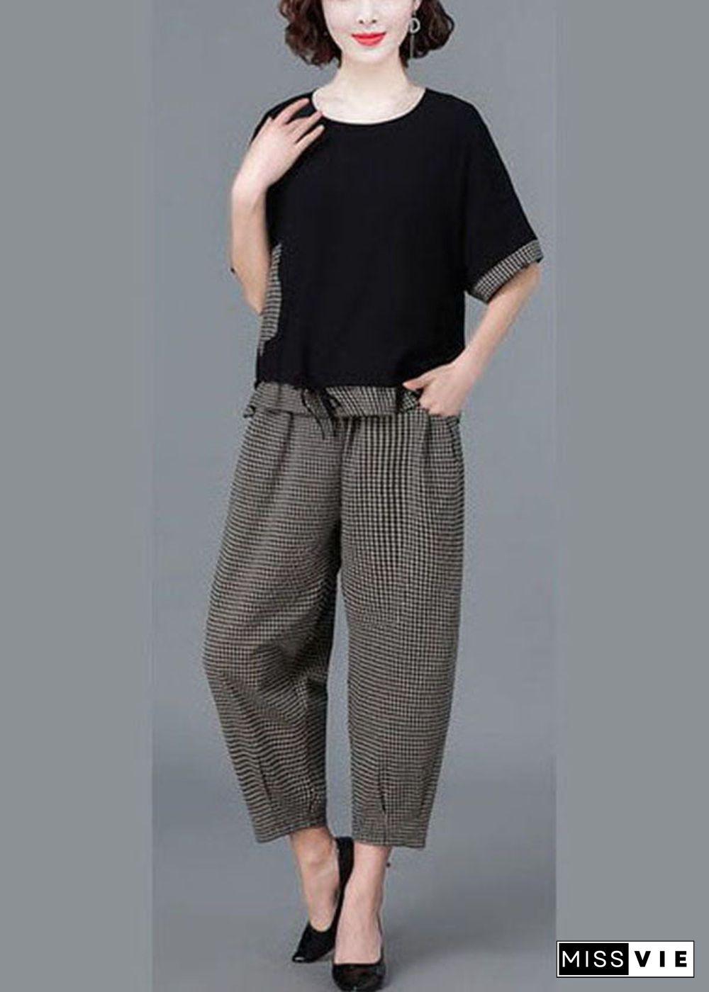 Black Plaid Patchwork Linen Tanks And Harem Pants Two Piece Set Women Clothing Drawstring Short Sleeve