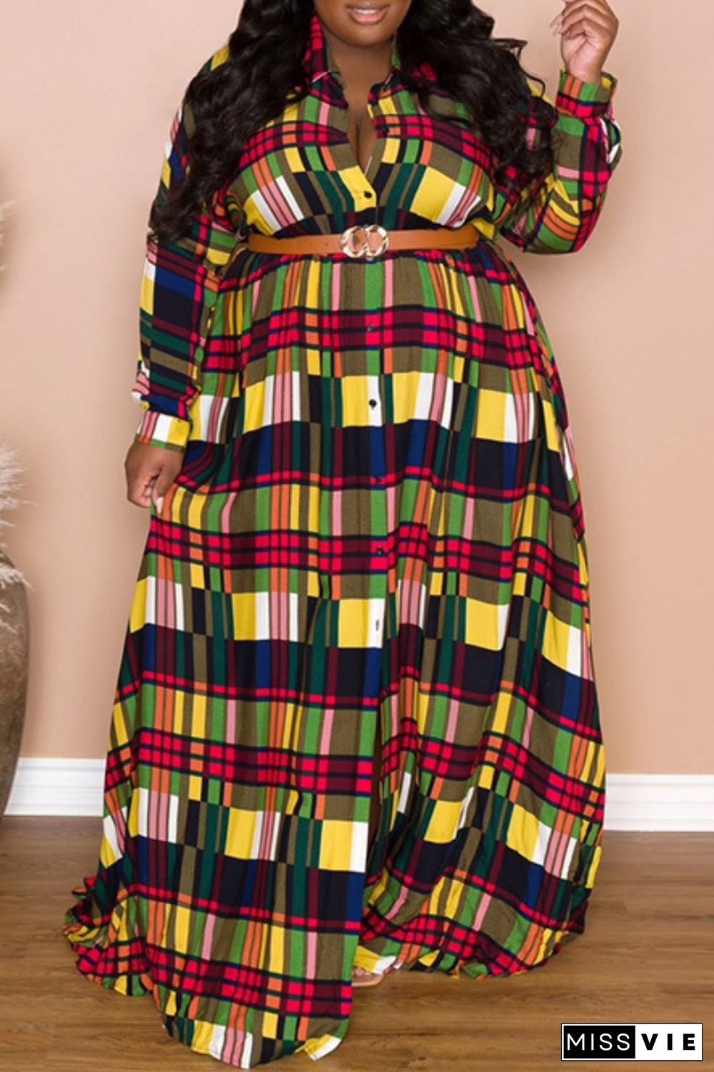 Multicolor Casual Print Patchwork Turndown Collar Shirt Dress Plus Size Dresses (Without Belt)