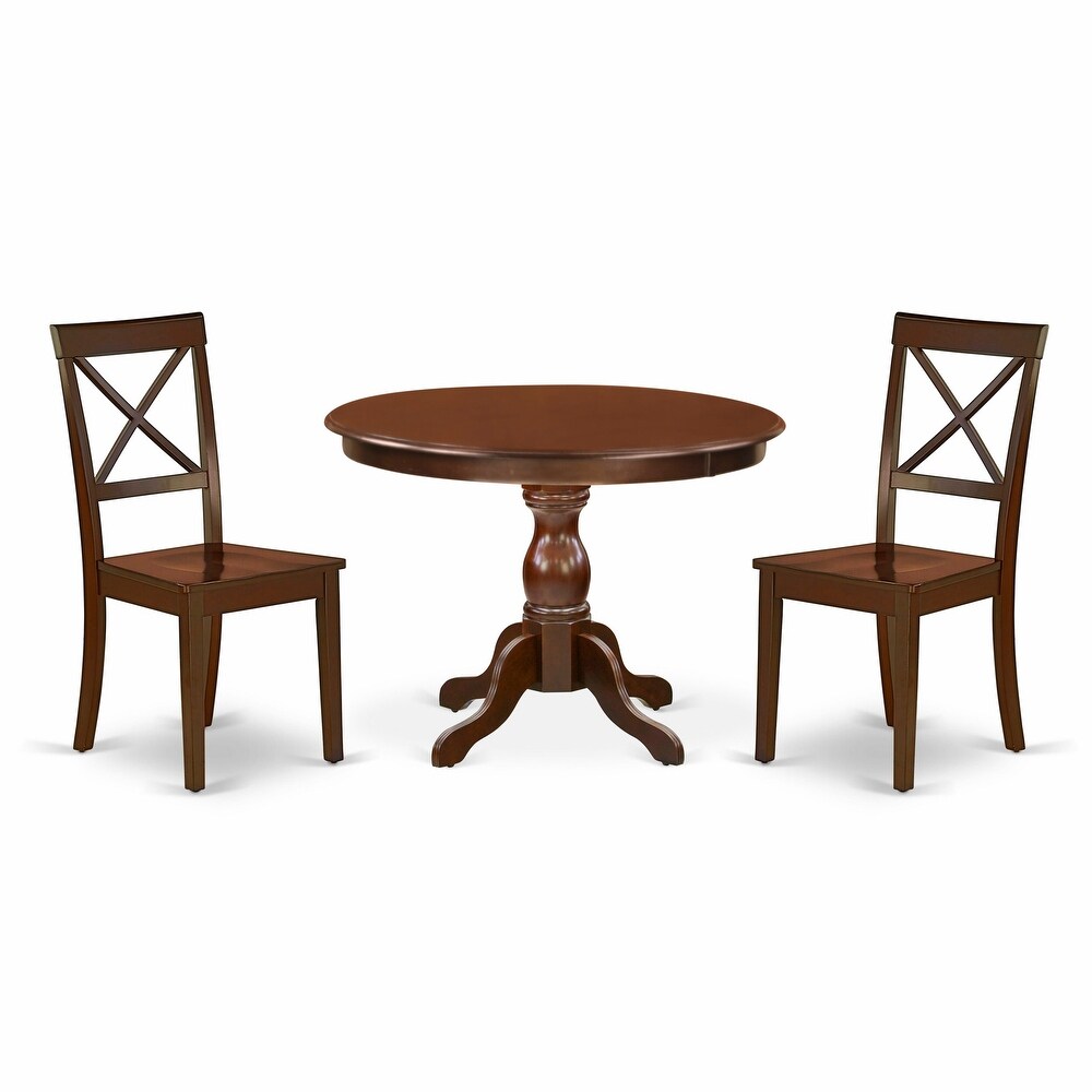 East West Furniture 3 Piece Dining Table Set  a Kitchen Table with Pedestal and 2 Dining Chairs(Finish   Seat Type Options)