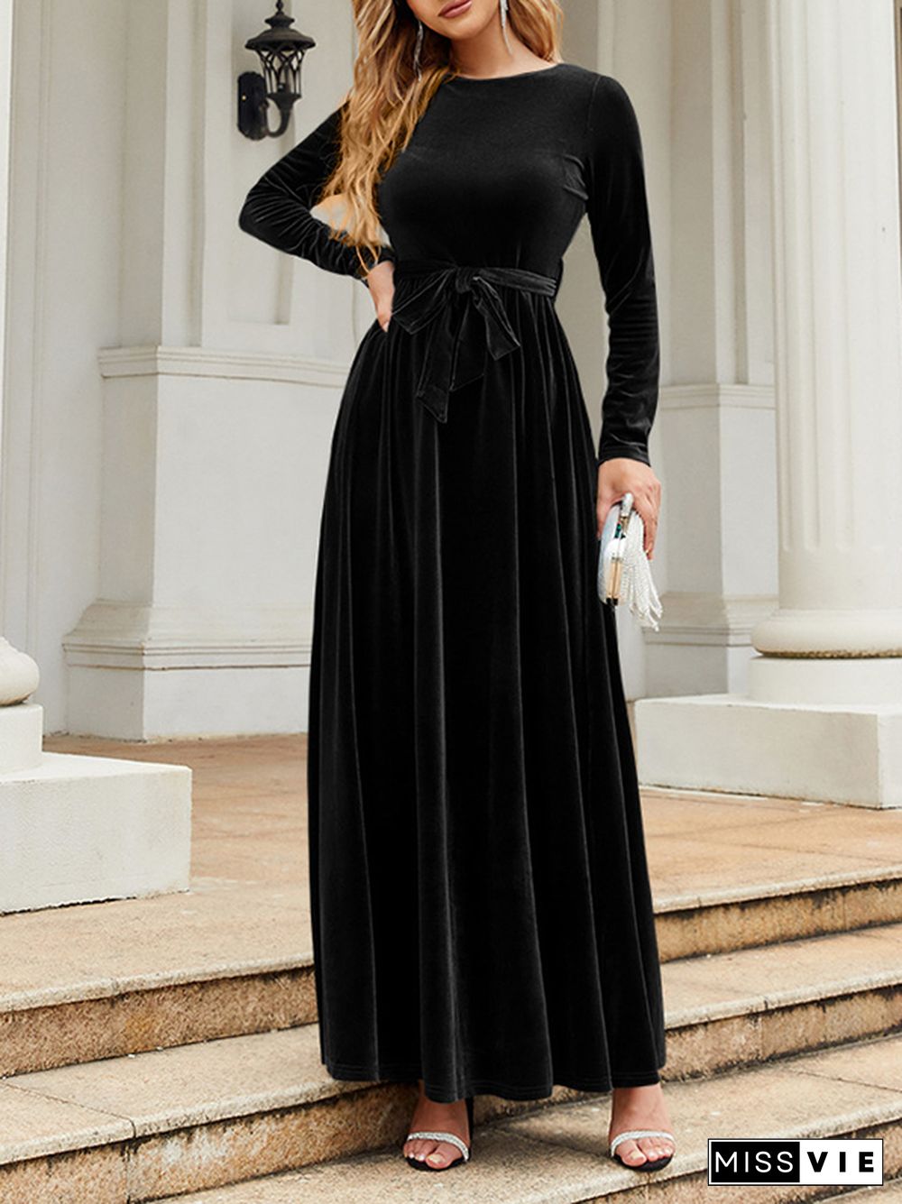 Long Sleeves Wrap Belted Pleated Solid Color Zipper Round-Neck Maxi Dresses