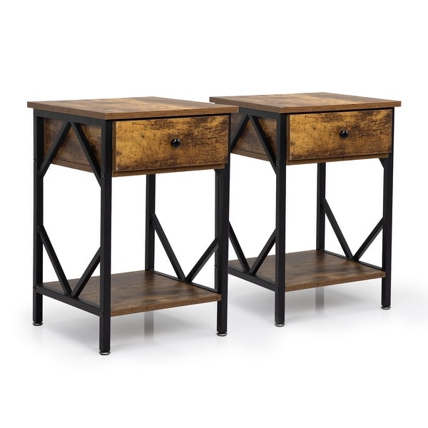 Set of 2 Nightstand Industrial End Table with Drawer， Storage Shelf and Metal Frame for iving Room， Bedroom， Rustic Brown