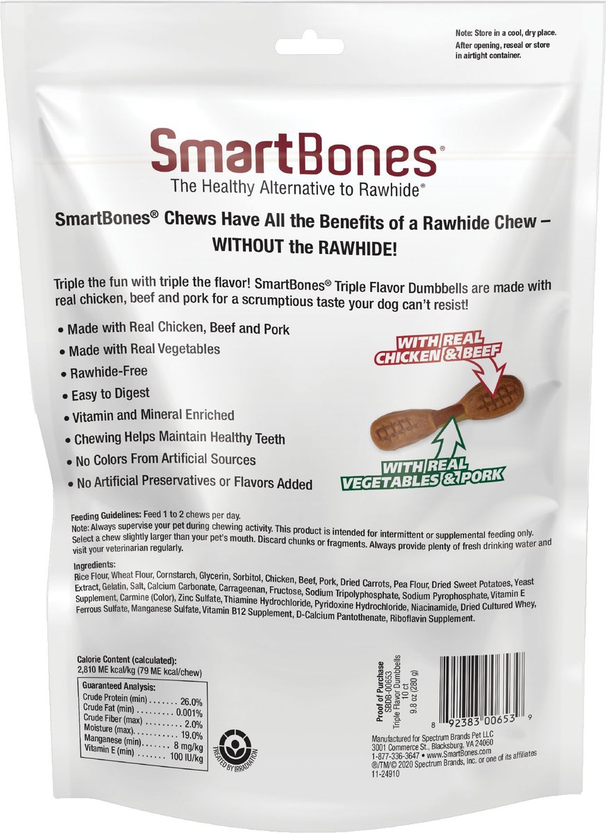 SmartBones Triple Flavor Dumbbells Chicken Dog Treats， 10 count