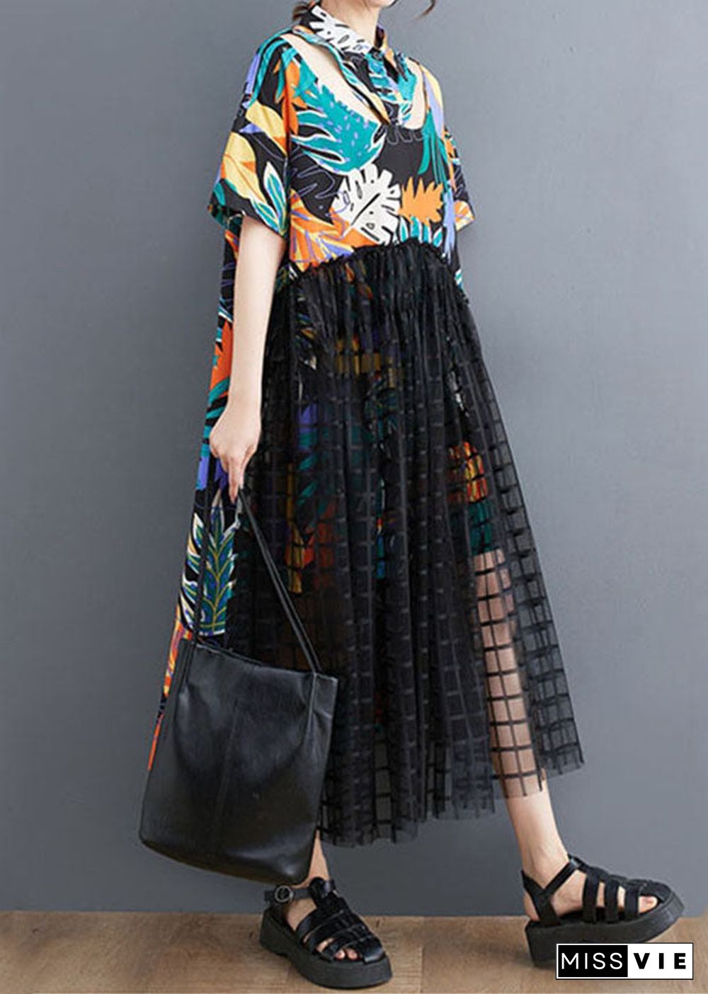 Floral Patchwork Long Tulle Shirts Dress Wrinkled Short Sleeve