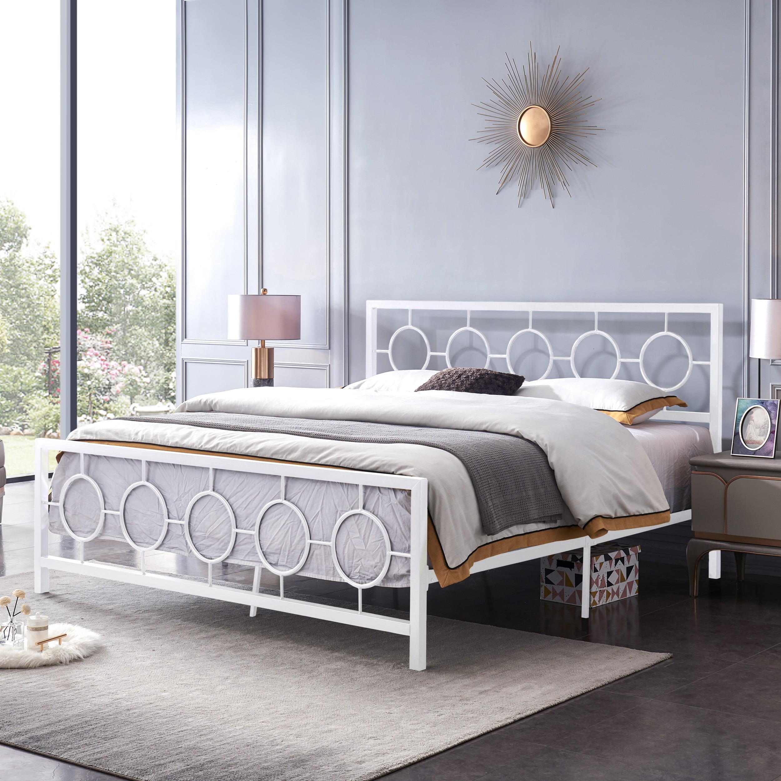 Noble House Ewelina Modern King-Size Iron Geometric Low-Profile Bed Frame, White