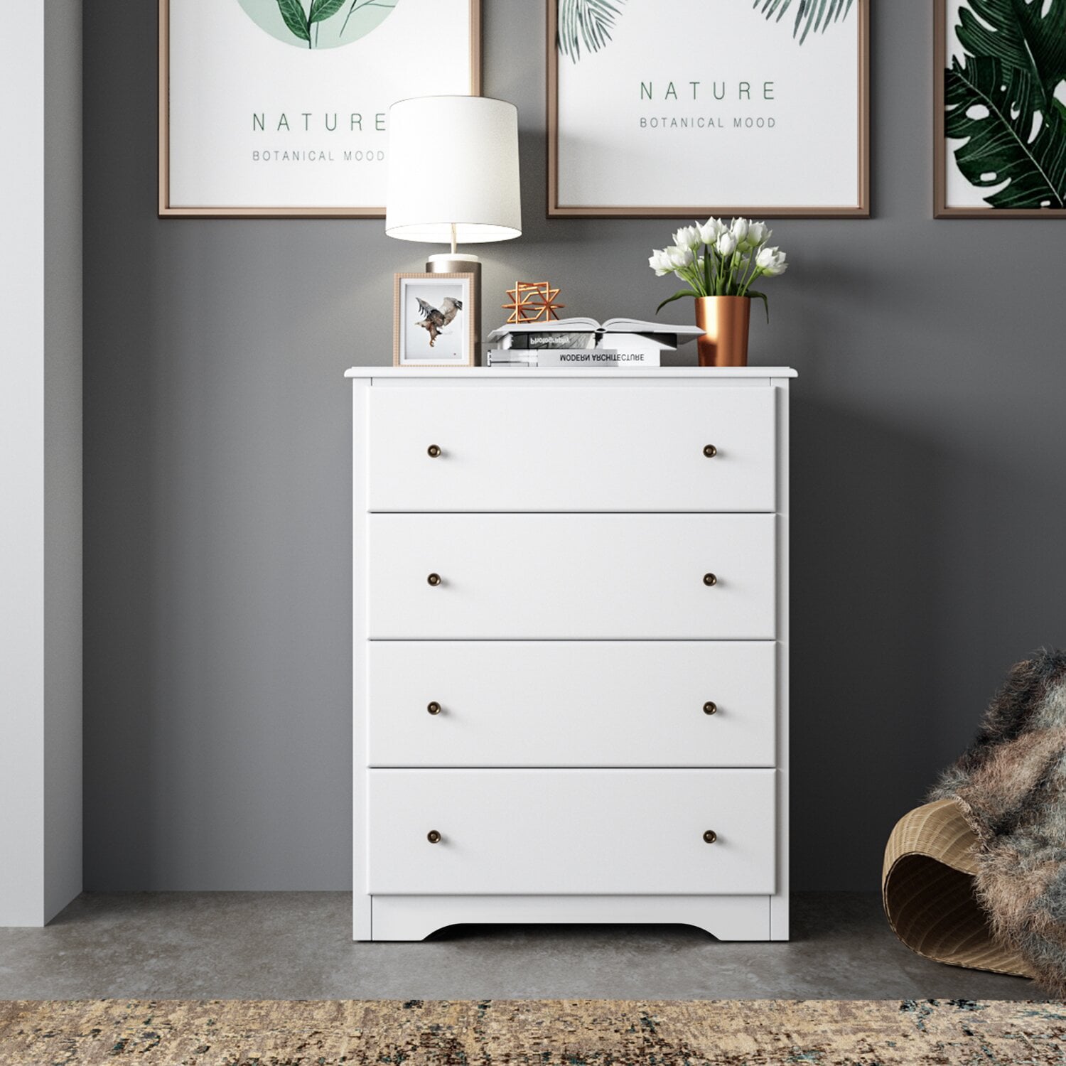 Homfa Dresser Chest, Modern Chest Organizer with 4 Drawers for Bedroom, White Finish