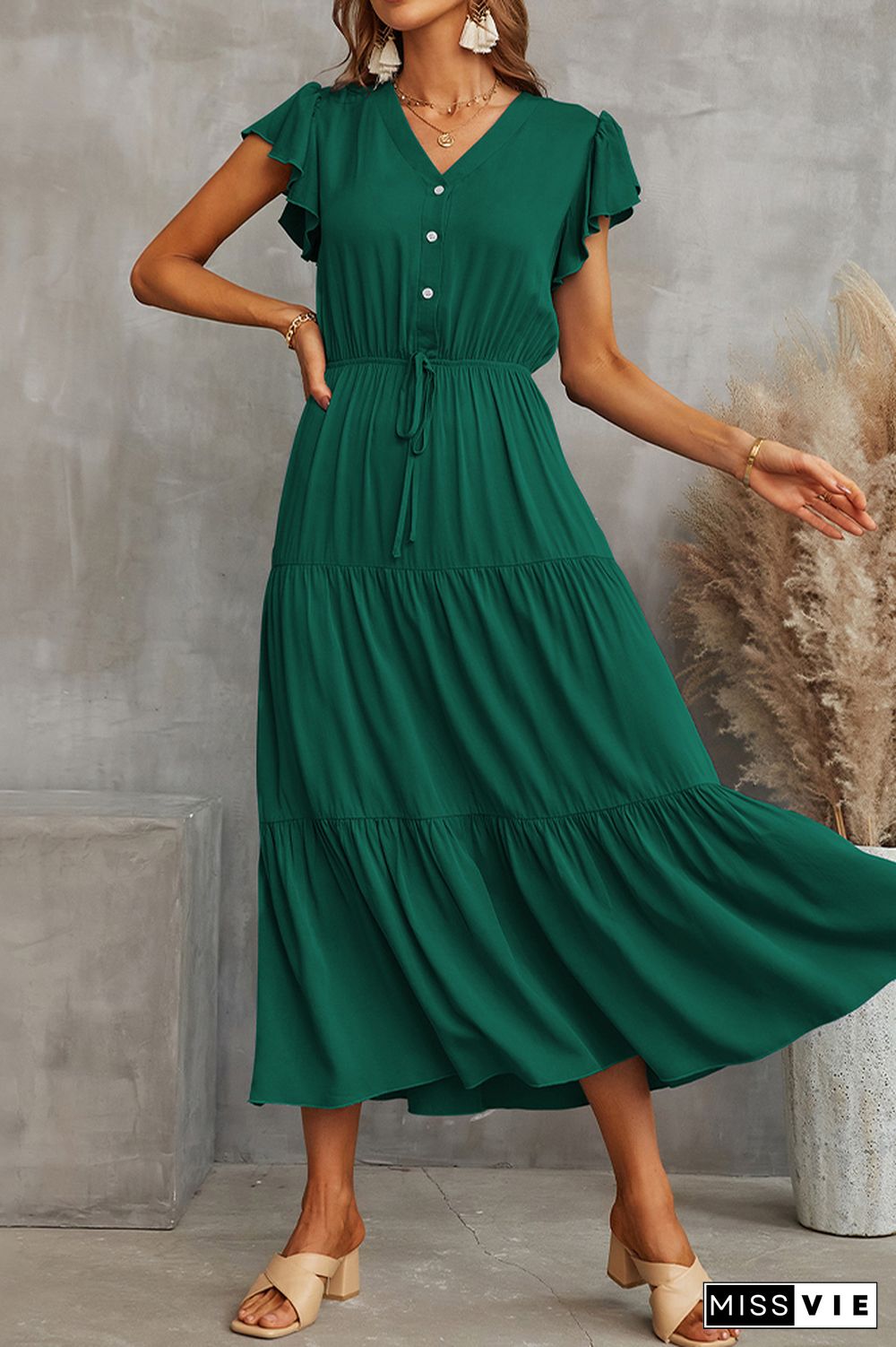 Solid Color Ruffles Short Sleeve Midi Dress Wholesale