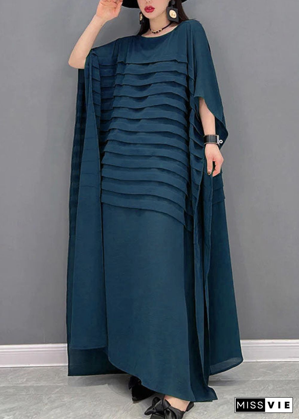 Bohemian Blue O-Neck Striped Chiffon Ankle Dress Batwing Sleeve