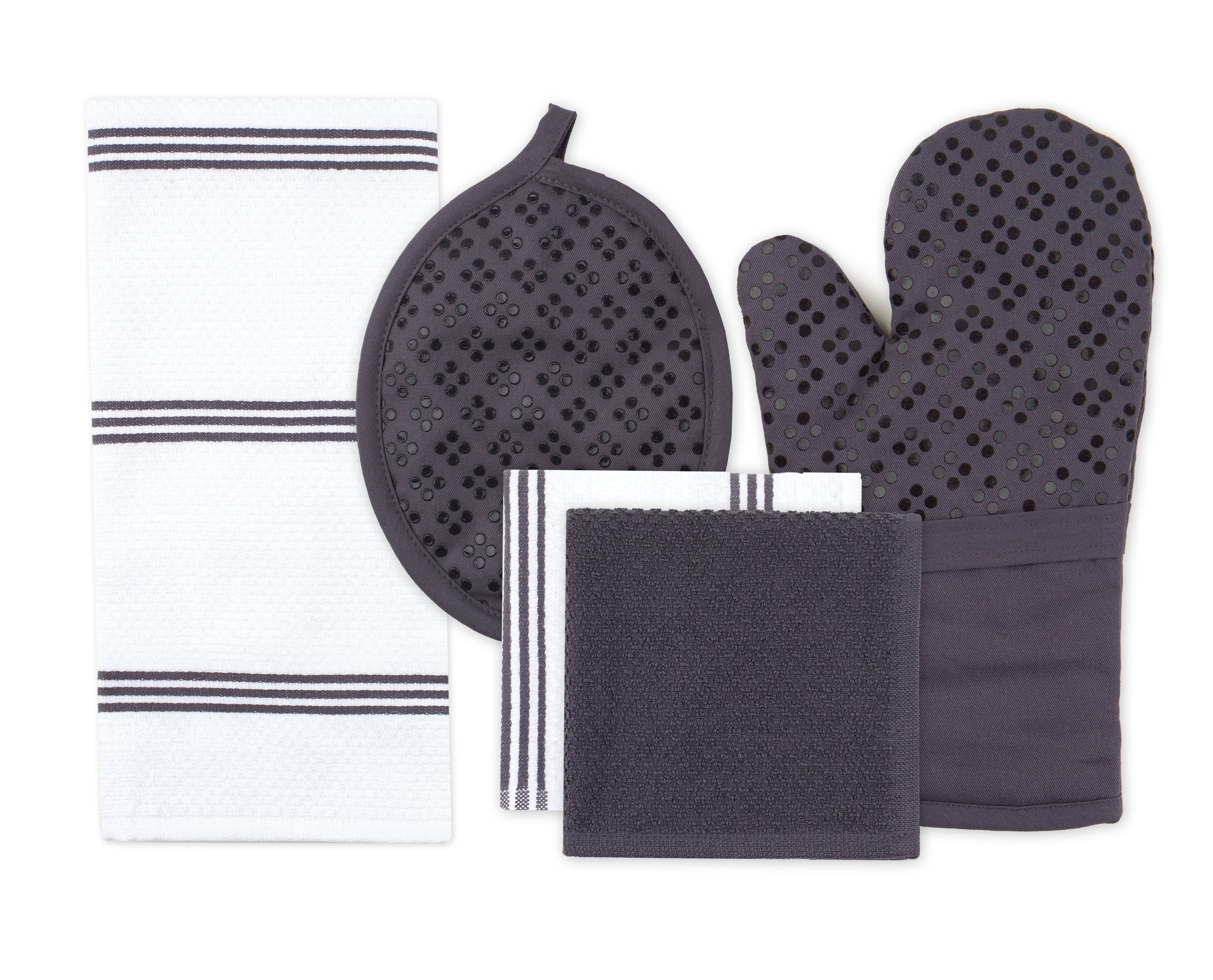 Sticky Toffee Silicone Printed Oven Mitt and Pot Holder， Cotton Kitchen Towel and Dishcloth， Gray， 5 Piece Set