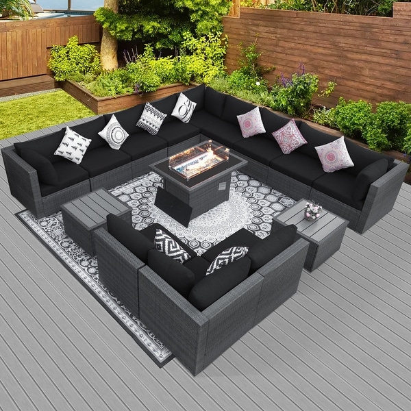 Nicesoul Outdoor Grey Wicker Sectional Furniture Patio Sofa Set with Firepit Table