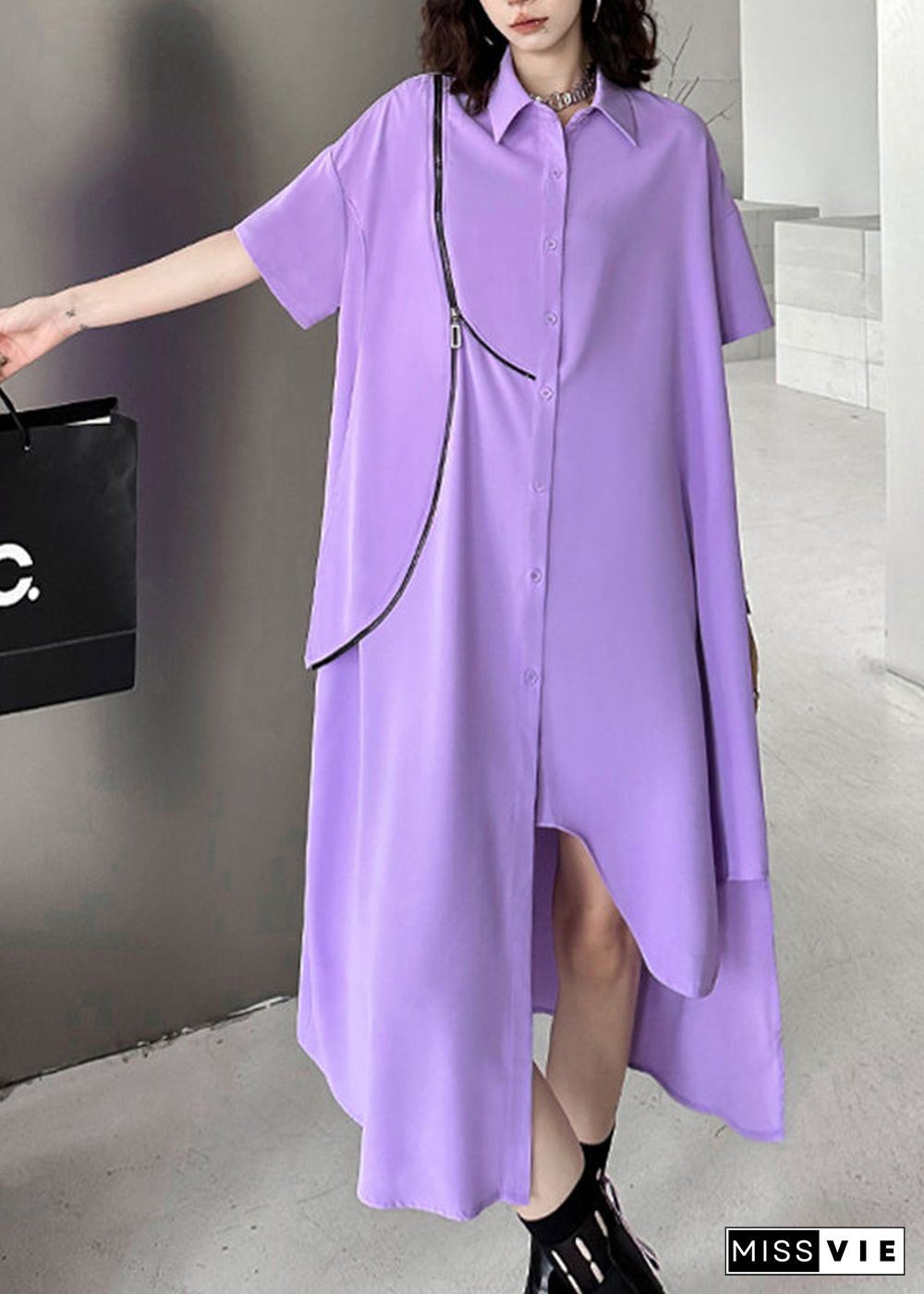 Unique Purple Asymmetrical Zippered Patchwork Chiffon Shirts Dresses Summer