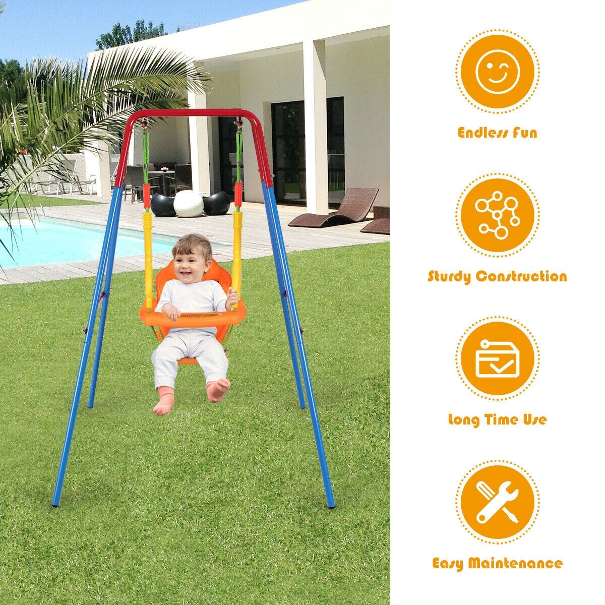 Costzon Toddler Swing Set, Outdoor Metal Swing Set with Safety Harness and Handrails (Swing with Handrails)