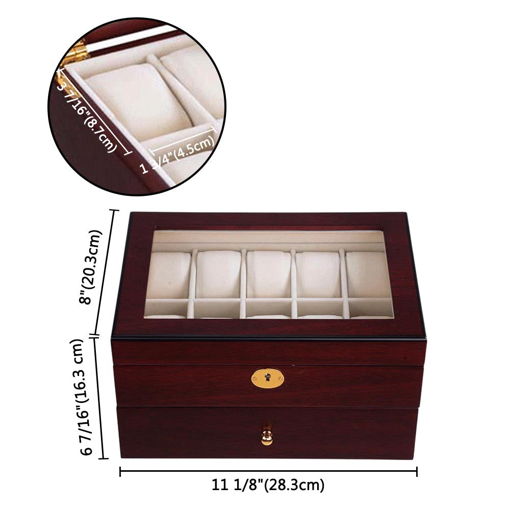 20-Slot Walnut Matte Finish Wood Watch Display Case