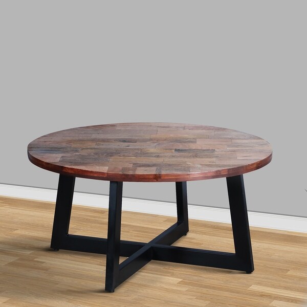 31 Inch Round Mango Wood Farmhouse Coffee Table， X Shape Iron Frame， Brown， Black