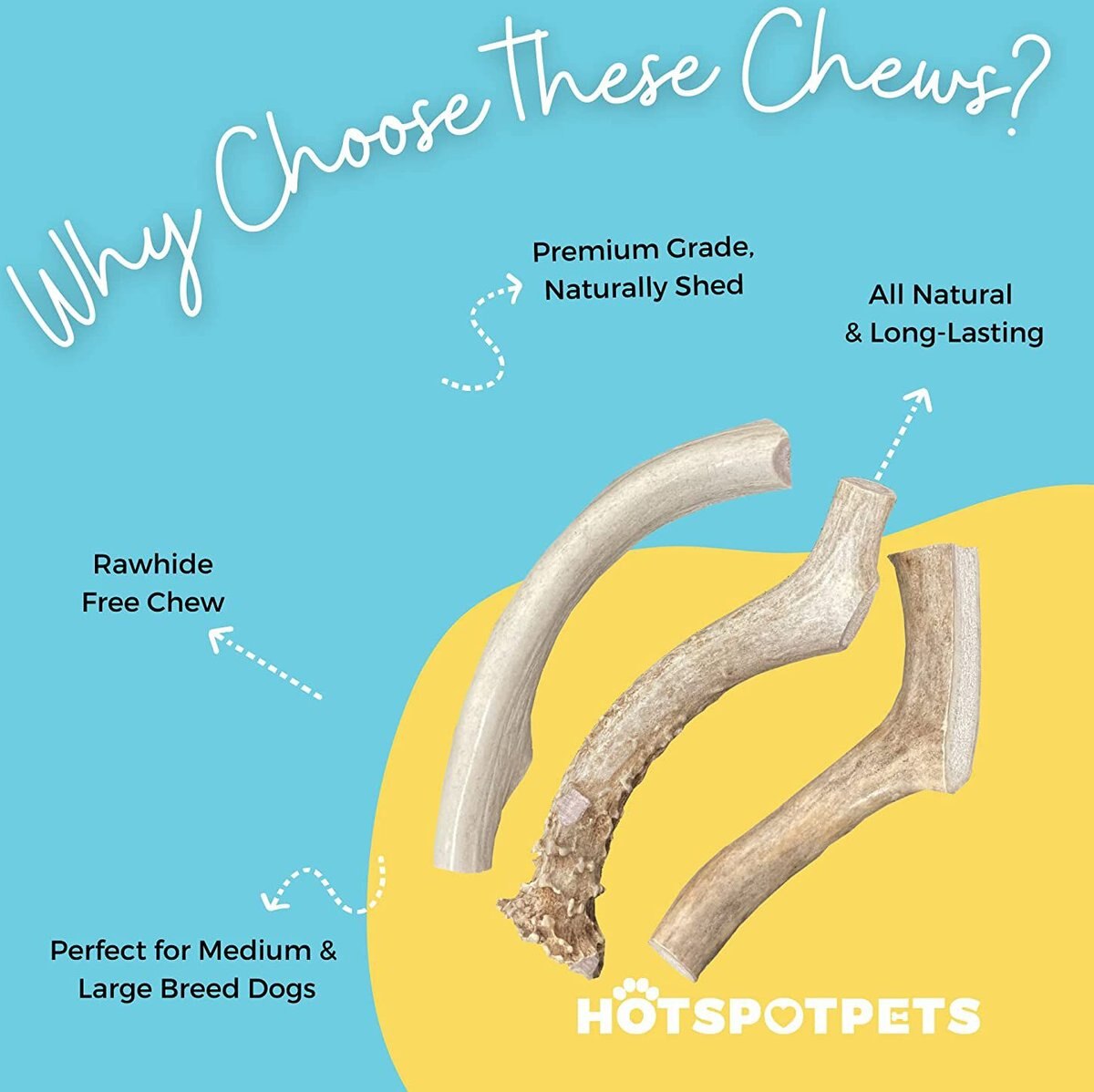 HOTSPOT PETS 6-9-inch All Natural Medium Whole Deer Antler Chews Dog Treats