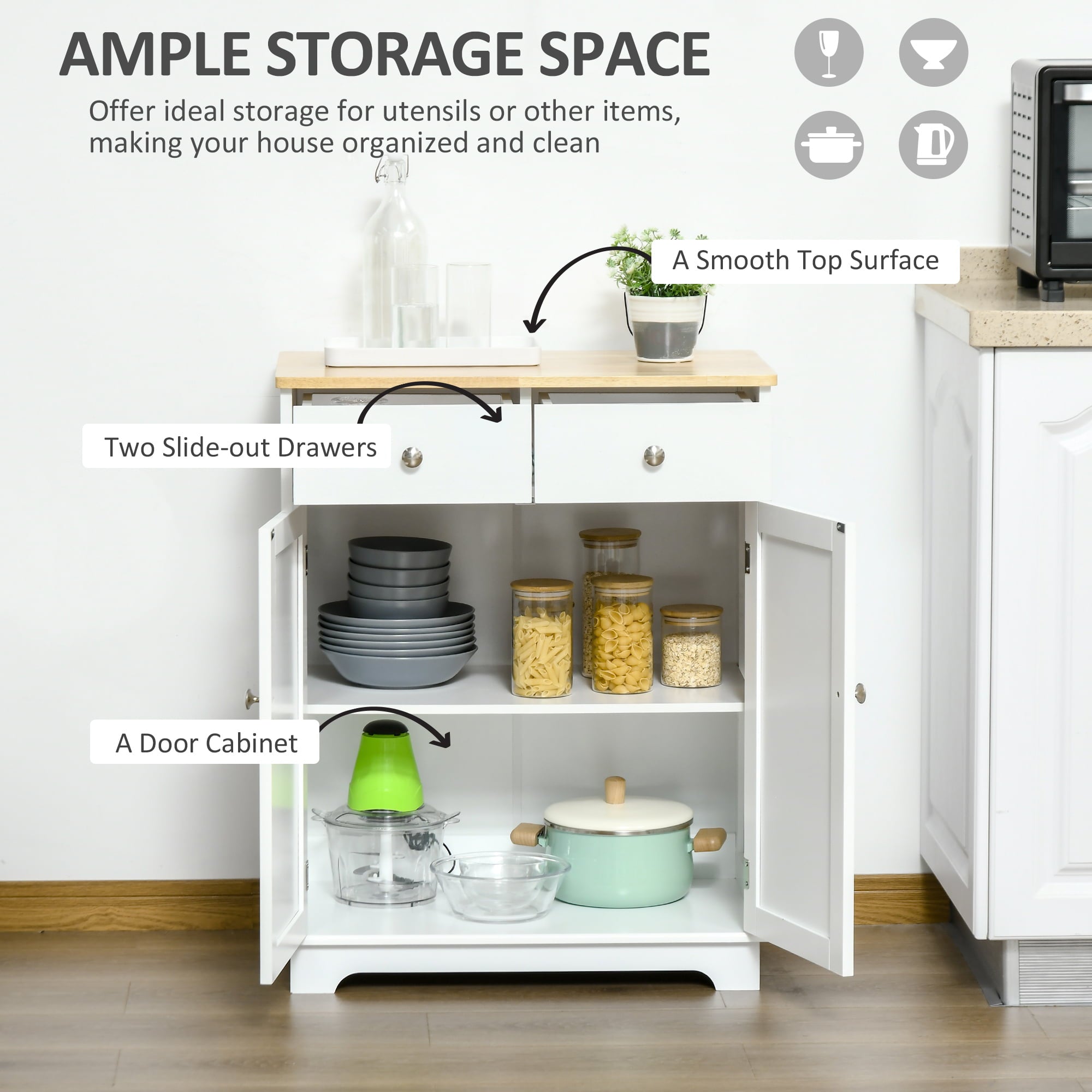 HOMCOM Space Saving Kitchen Sideboard with Functional Storage Cabinet with Adjustable Shelf for Kitchen/Living Room， White