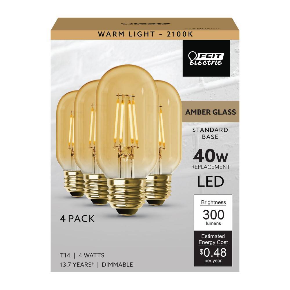 Feit Electric 40-Watt Equivalent T14 Dimmable Straight Filament Amber Glass Vintage Edison LED Light Bulb Warm White (4-Pack) T1440LEDHDRP4