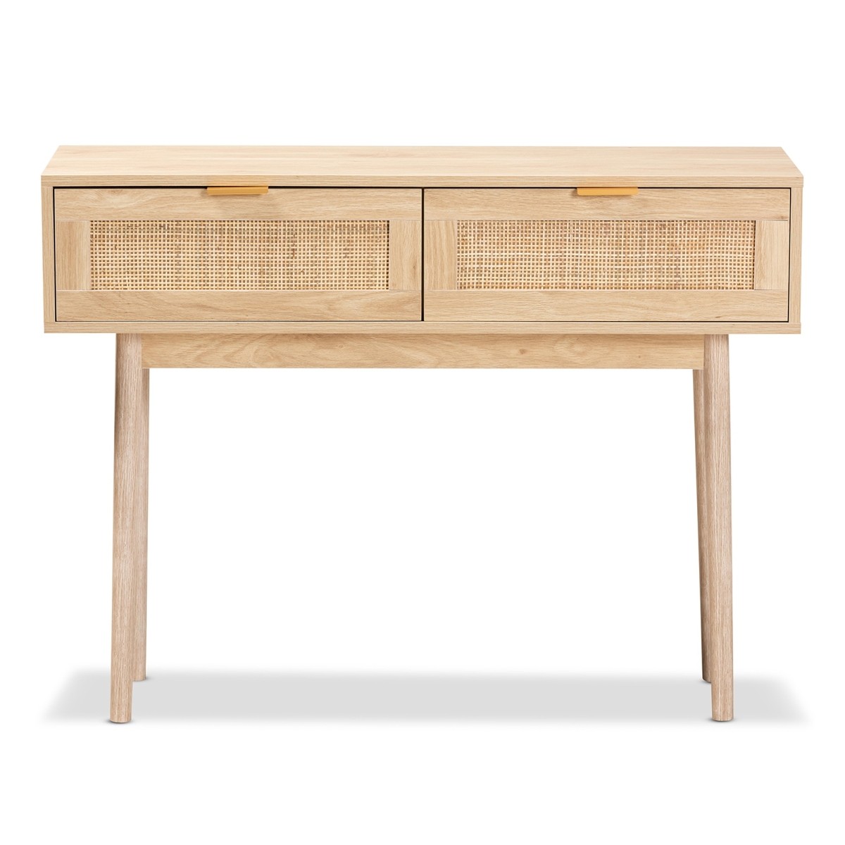 Wholesale Interiors Baxton Studio Baird Mid-Century Modern Light Oak Brown Finished Wood and Rattan 2-Drawer Console Table