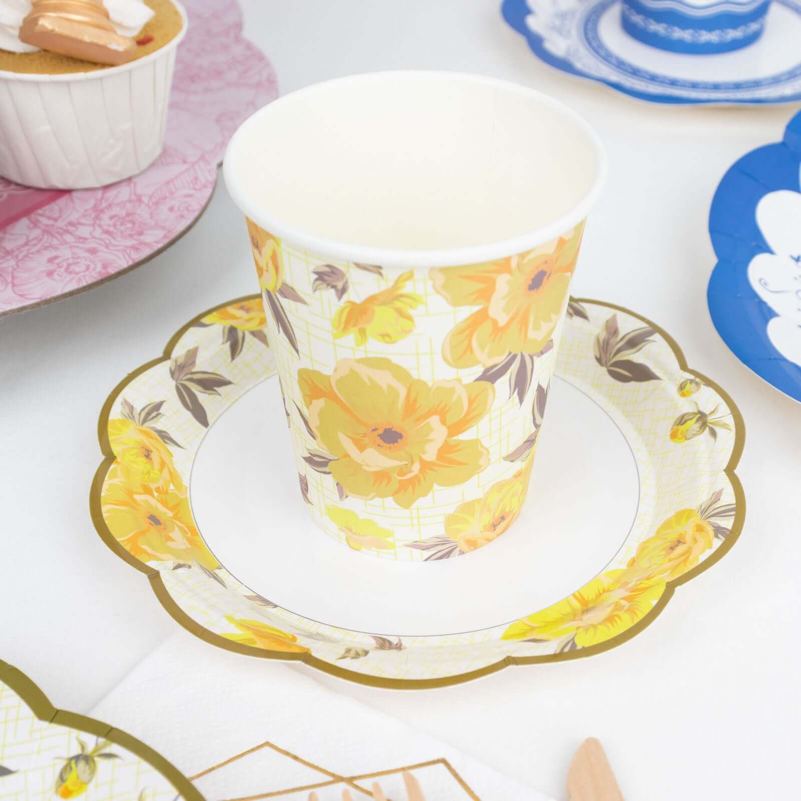 24 Pack Vintage Mixed Floral Paper Cup And Saucer Set, Disposable Tea Party Supplies Kit