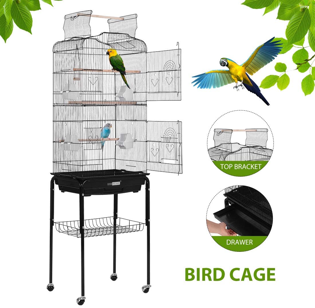 VIVOHOME 59.8 Inch Wrought Iron Bird Cage with Play Top and Rolling Stand for Parrots Conures Lovebird Cockatiel Parakeets