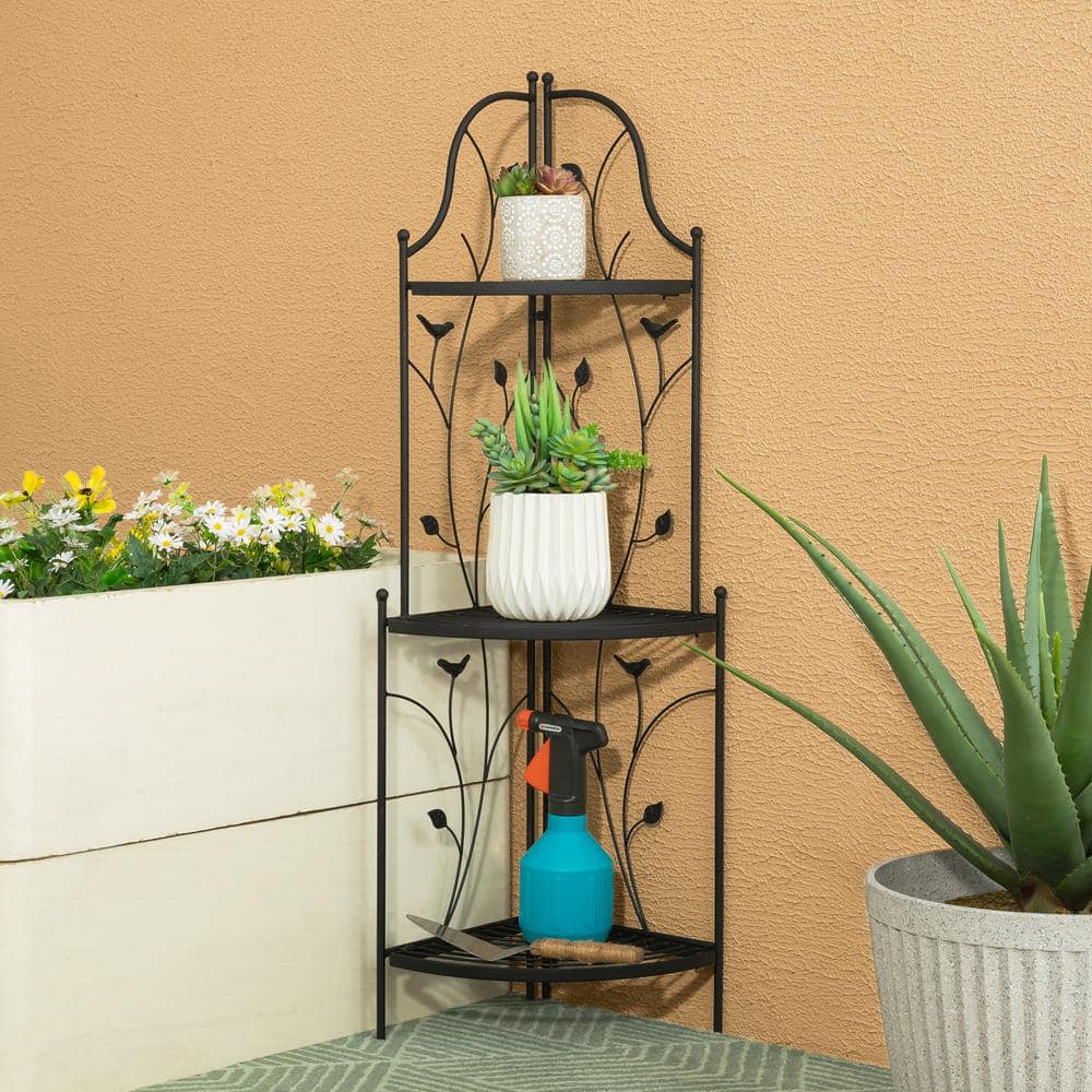 Glitzhome 44.75 in. H 3-Tiered Black Metal Corner Shelf Plant Stand 2007200031