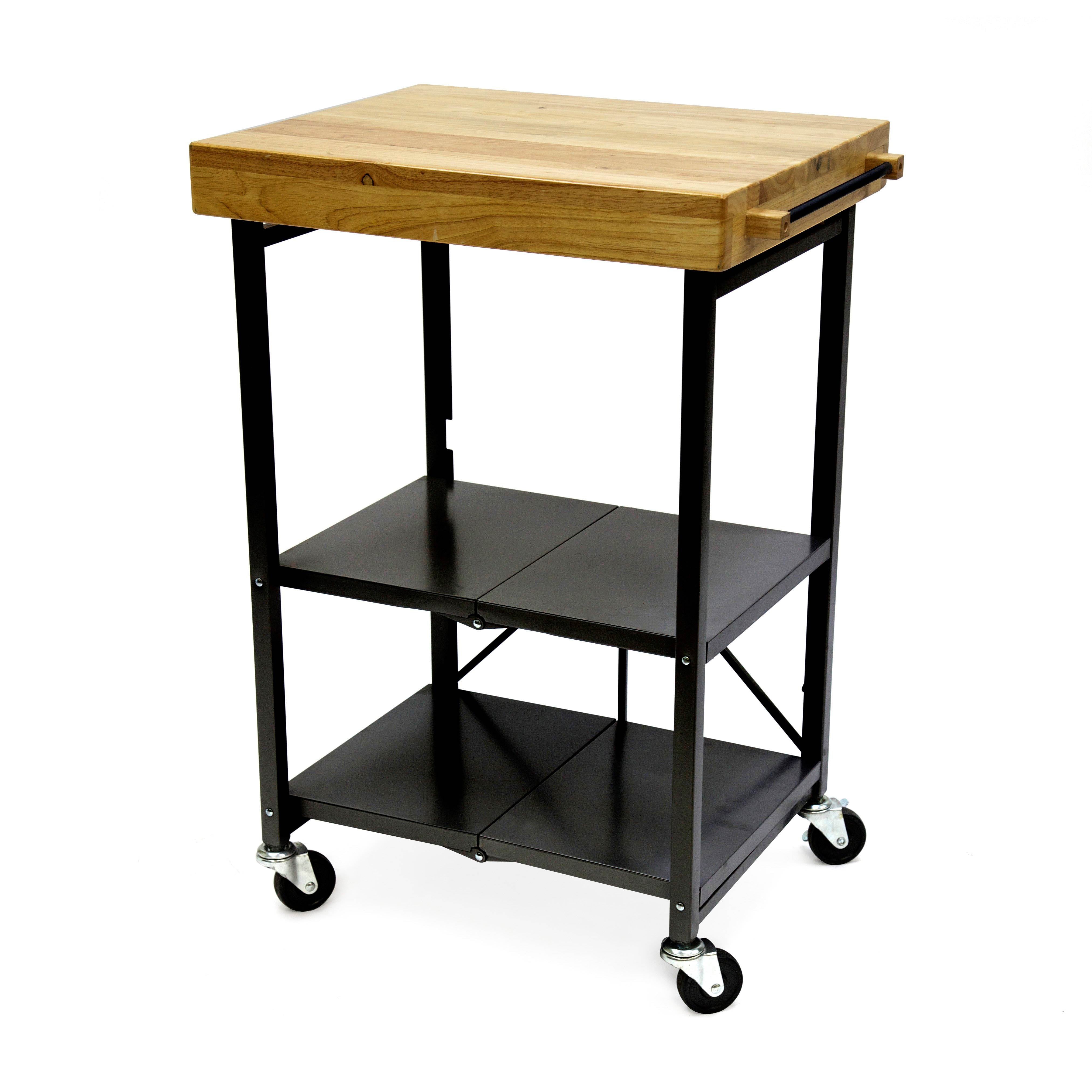 Origami Foldable Wheeled Portable Wood Top Kitchen Island Bar Cart， Black