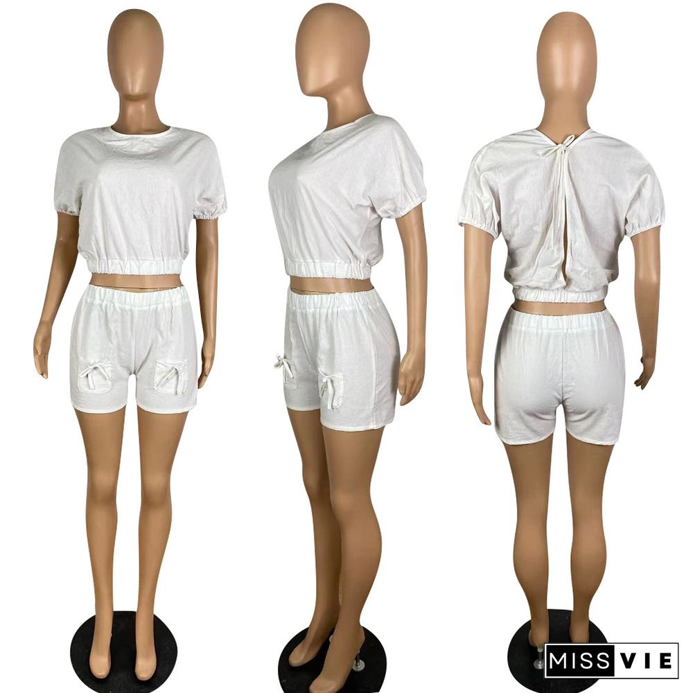 New Solid Color Women Short Sleeve Crop Top Elastic Waist Biker Shorts Summer Two Piece Sets