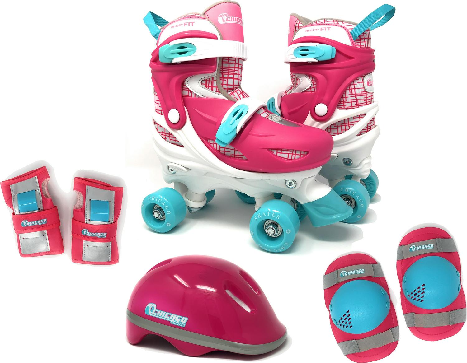 Chicago Skates Adjustable Quad Roller Skate Combo Set Pink/White/Teal a Skates， Helmet， Knee Pads， And Wrist Guards  Size Medium(1-4)