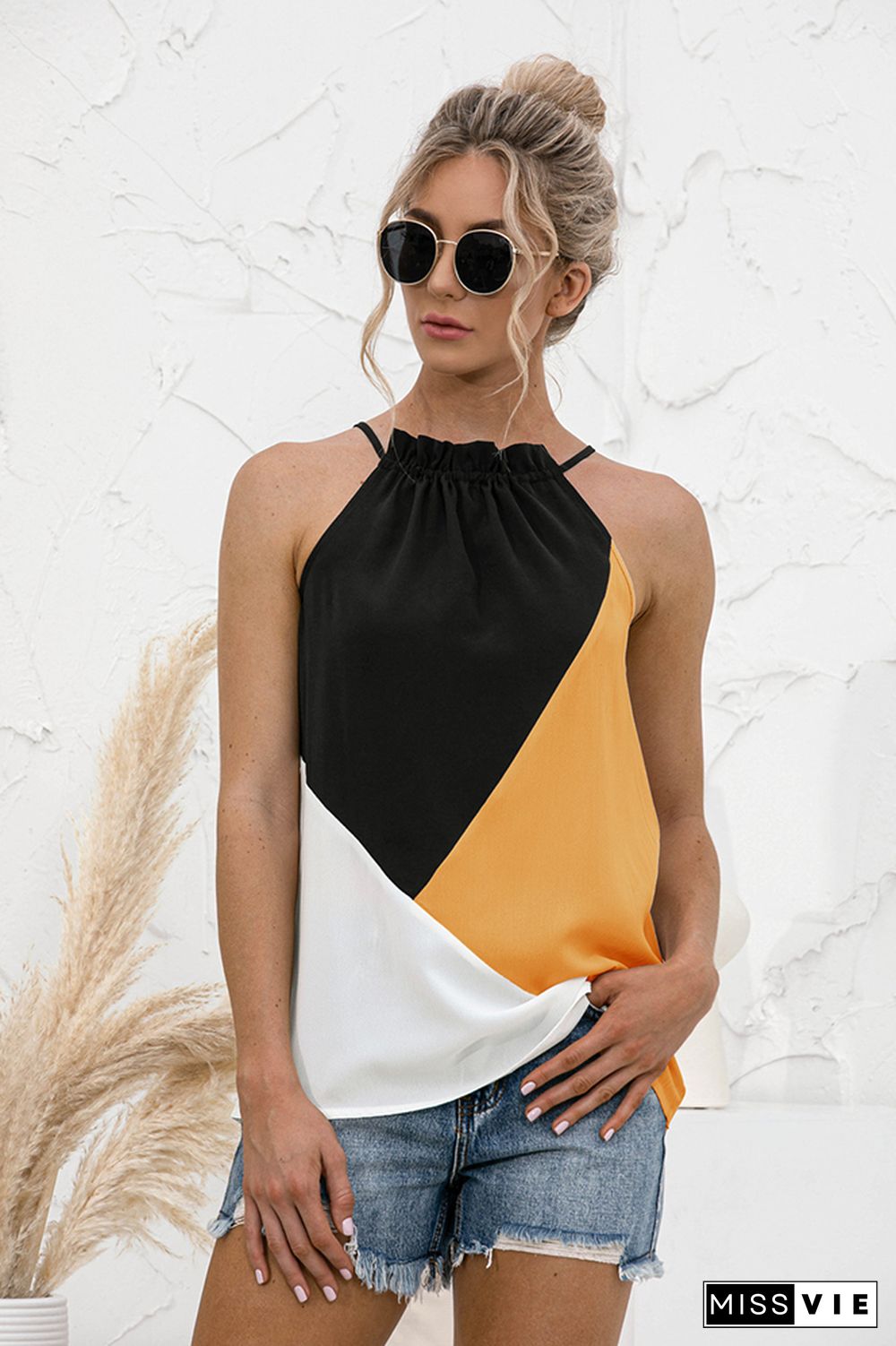 Color Block Halter Sleeveless Tank Top