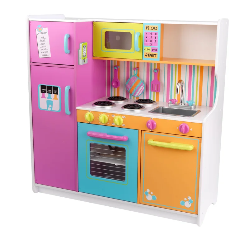 KidKraft Deluxe Big and Bright Wooden Play Kitchen with Play Phone， Click and Turn Knobs and Neon Colors， Gift for Ages 3+ 40.75 x 26.75 x 36.25