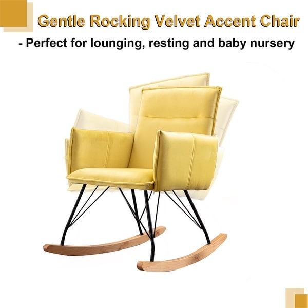 Velvet Rocking Chair， Upholstered Accent Rocker Chair， Yellow - 23