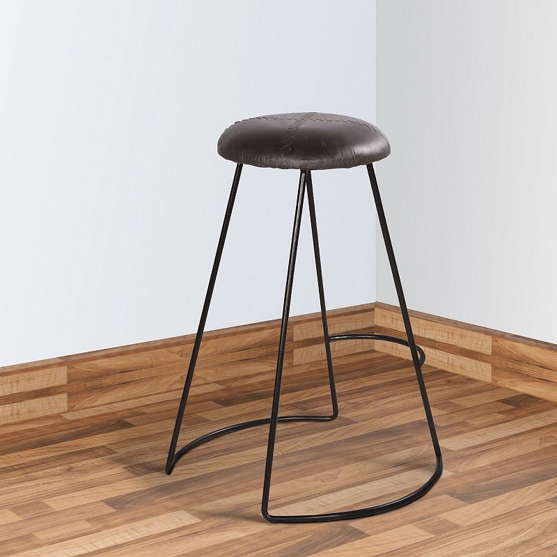 26 Inch Modern Counter Height Stool， Genuine Leather Upholstery， Metal Frame， Baseball Stitching， Black