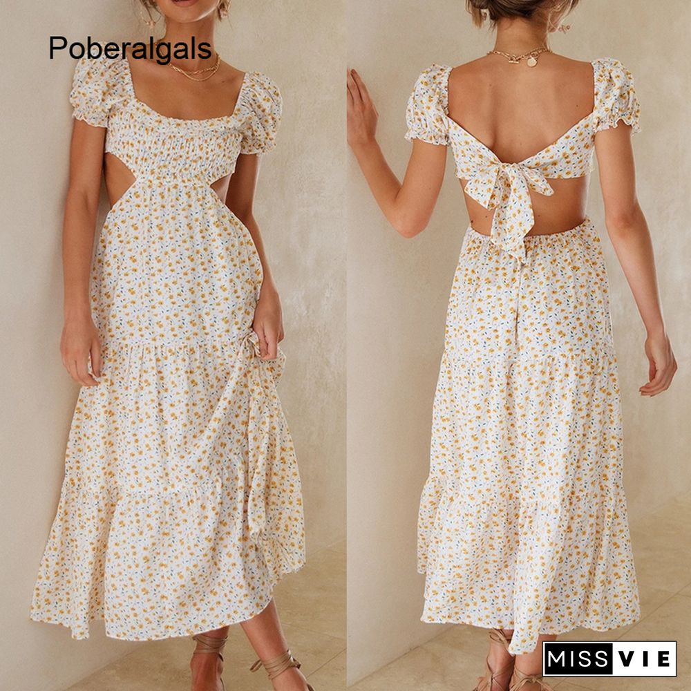 Sexy Floral Print Dress For Women Summer Dresses New Chic Tie Backless Hollow Out Waistless Empire Sweet A-line Long Dress