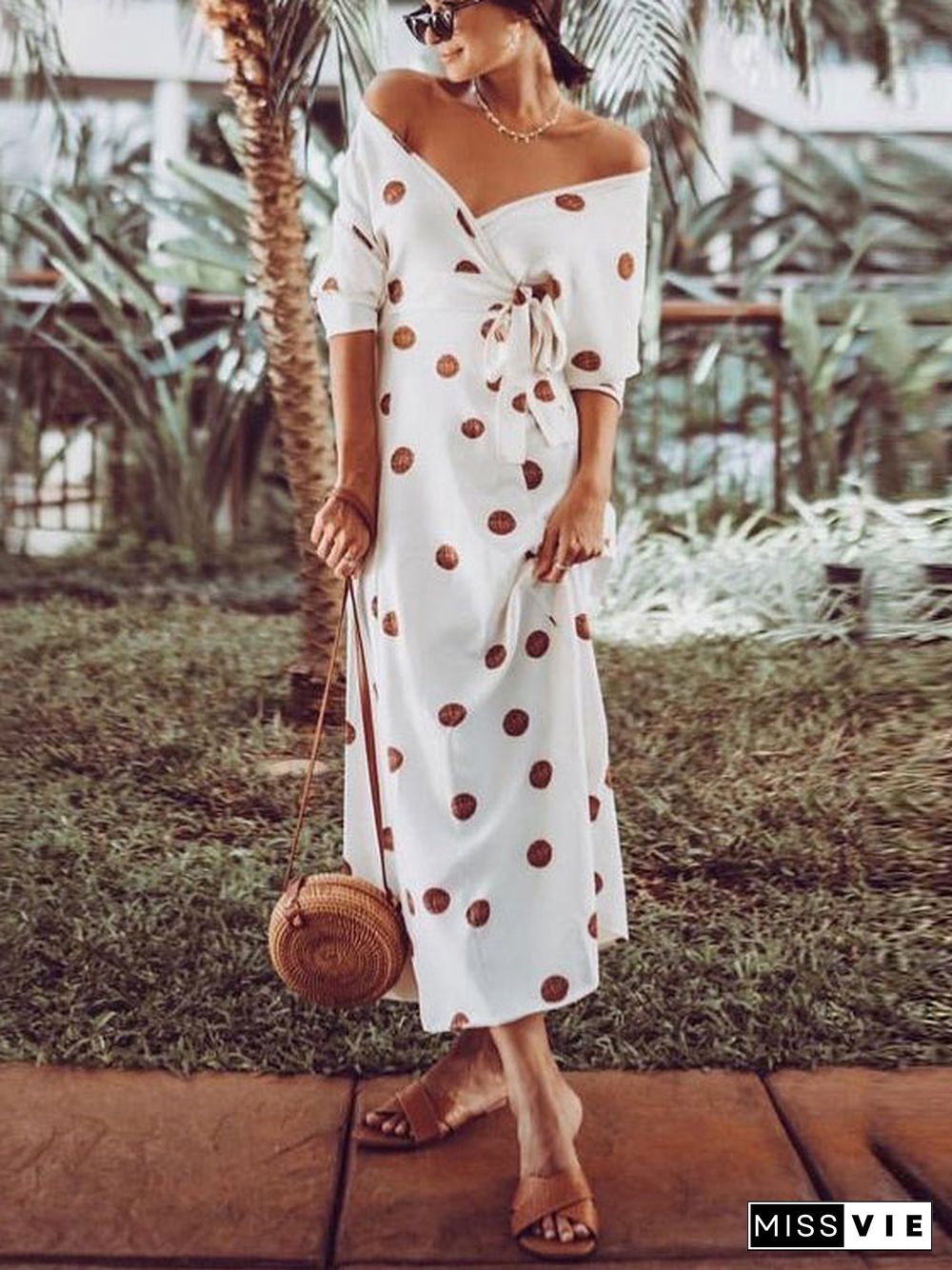 Casual Large Polka Dot V Neck Off Shoulder Maxi Dress