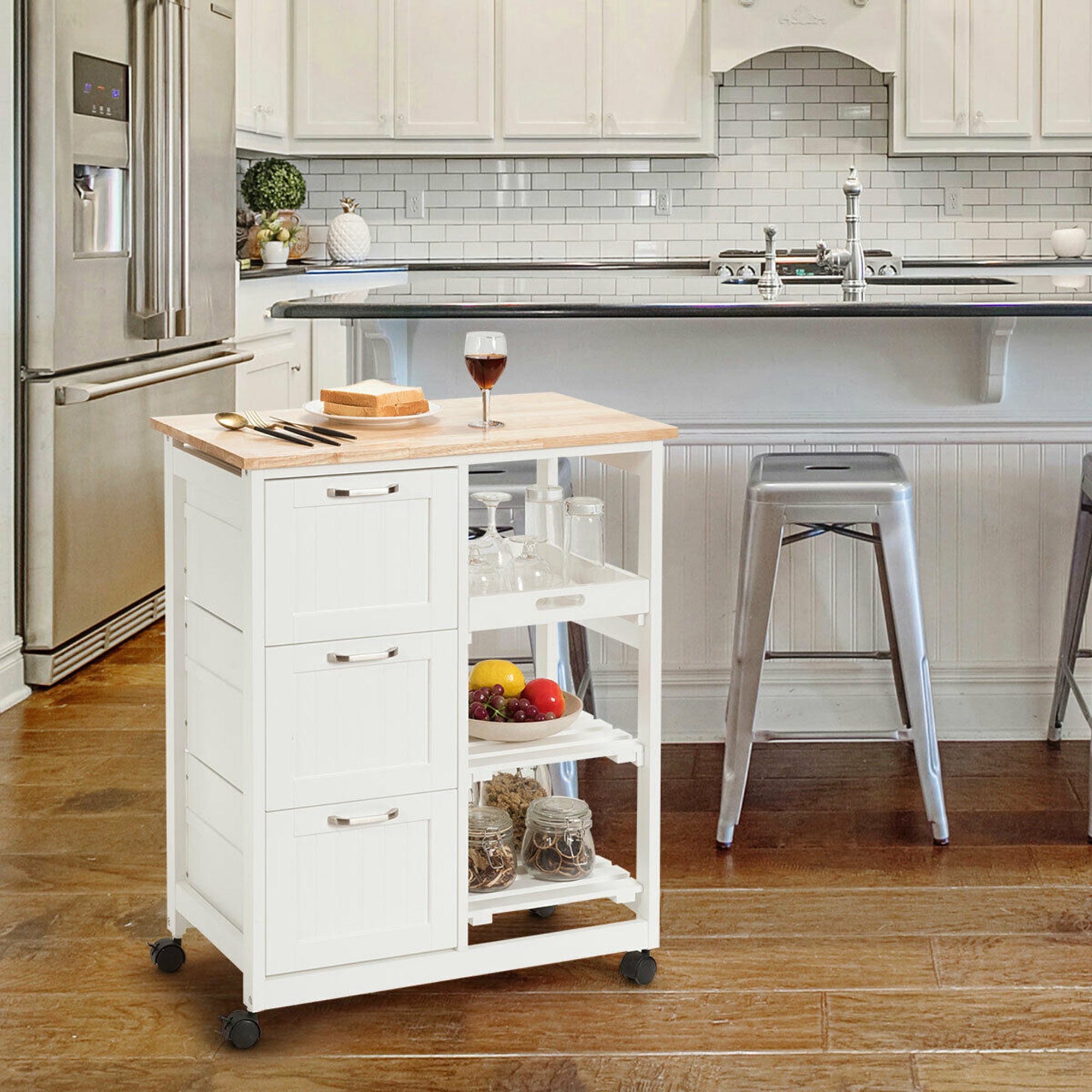 Gymax Rolling Kitchen Island Utility Storage Cart w/ 3 Storage Drawers and Shelves White