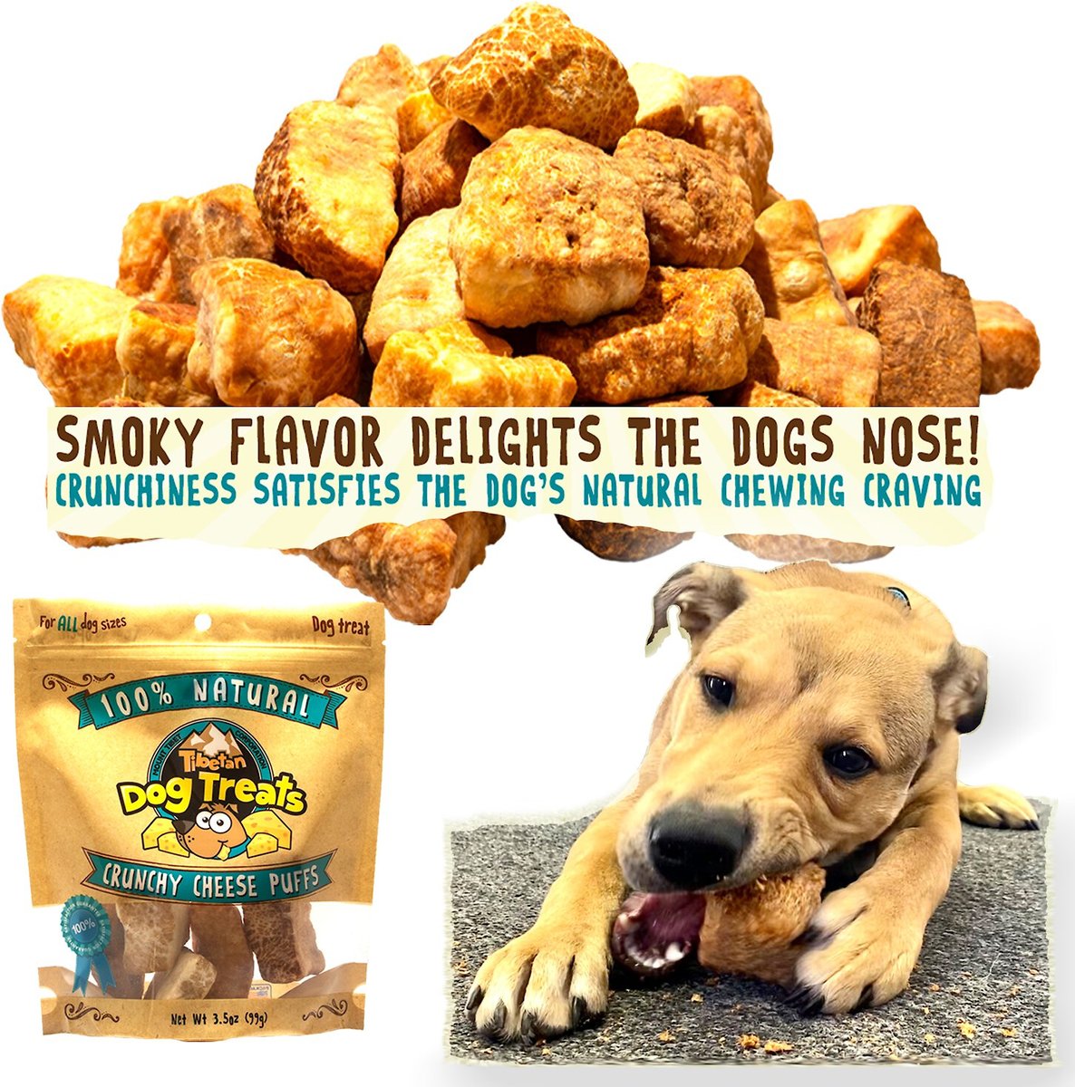 Tibetan Dog Treats Crunchy Cheese Puffs Grain-Free Dog Treats， 3.5-oz pouch