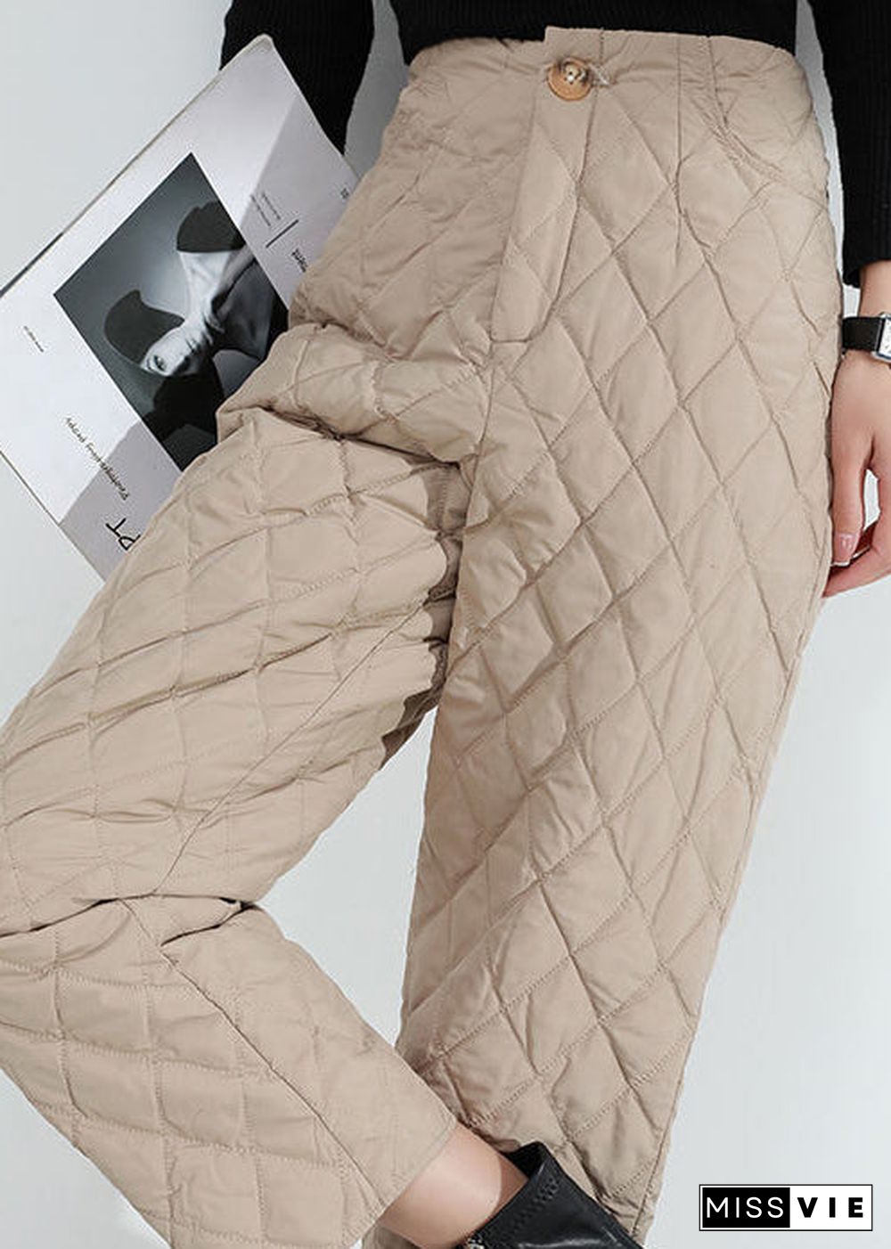 Women Khaki Pockets Warm Regular Winter Pants