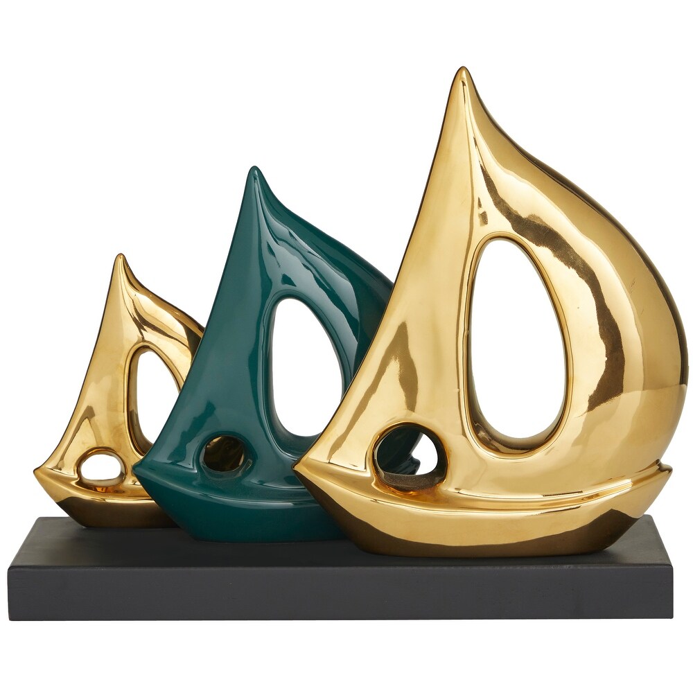 CosmoLiving by Cosmopolitan Gold Polystone Sail Boat Sculpture with Black Base   5.15 x 12.15 x 9.75