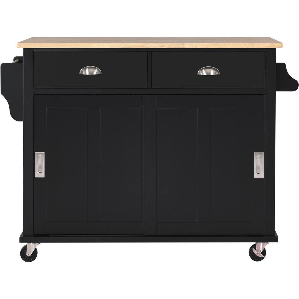 Black Rubber Wood Flodable Drop-Leaf Countertop 52.2 in. W Kitchen Island with Concealed Sliding Barn Door Drawers W999VESINK25