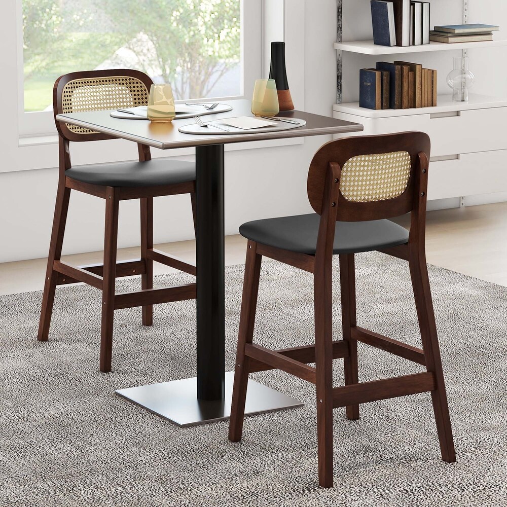 Costway Bar Stool Set of 2 Wood Bar Chairs PE Rattan Backrest Padded   See Details