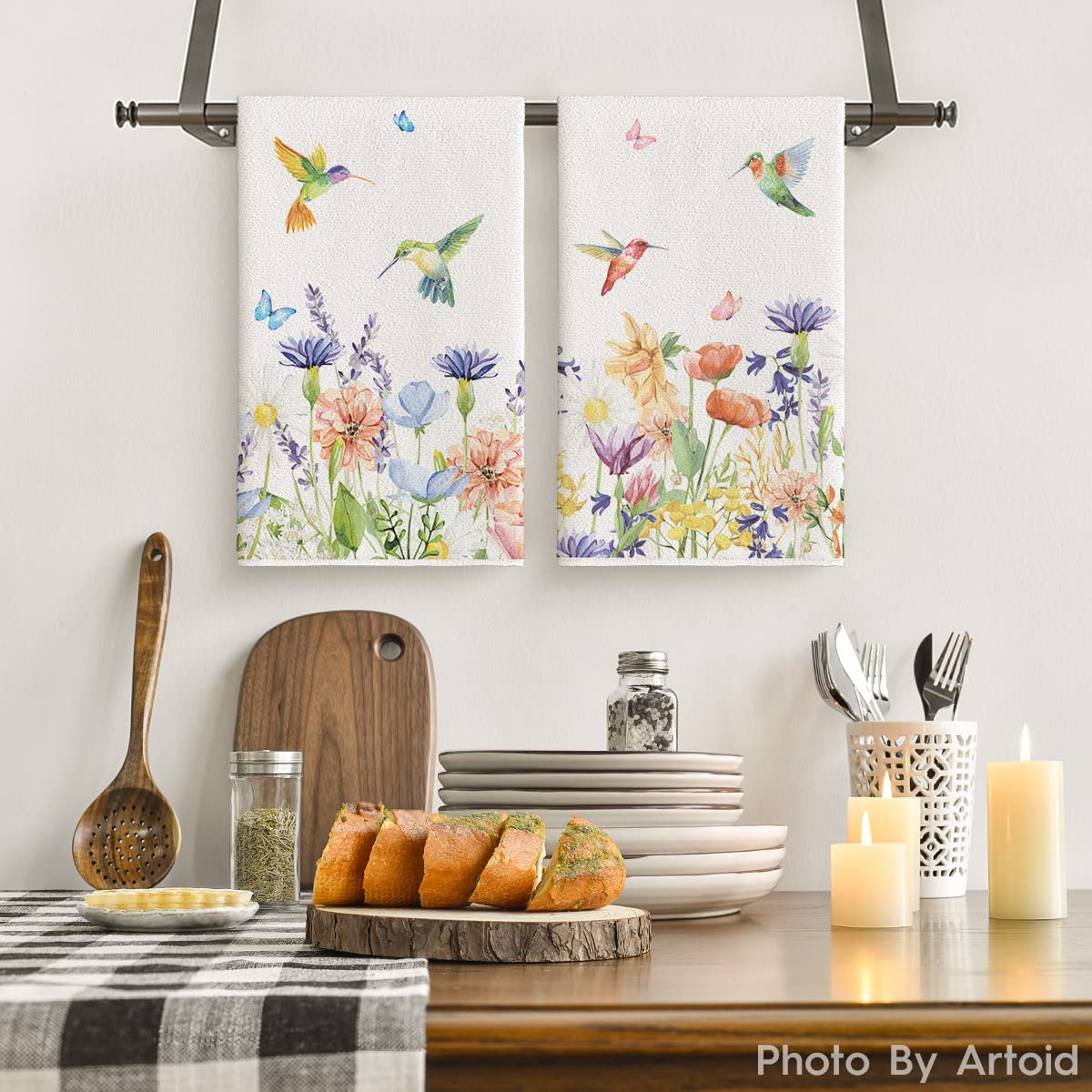 Anemone Flower Hummingbird Kitchen Towels Dish Towels  18x26 Inch Seasonal Spring Summer Wild Floral Holiday Decoration Hand Towels Set of 2