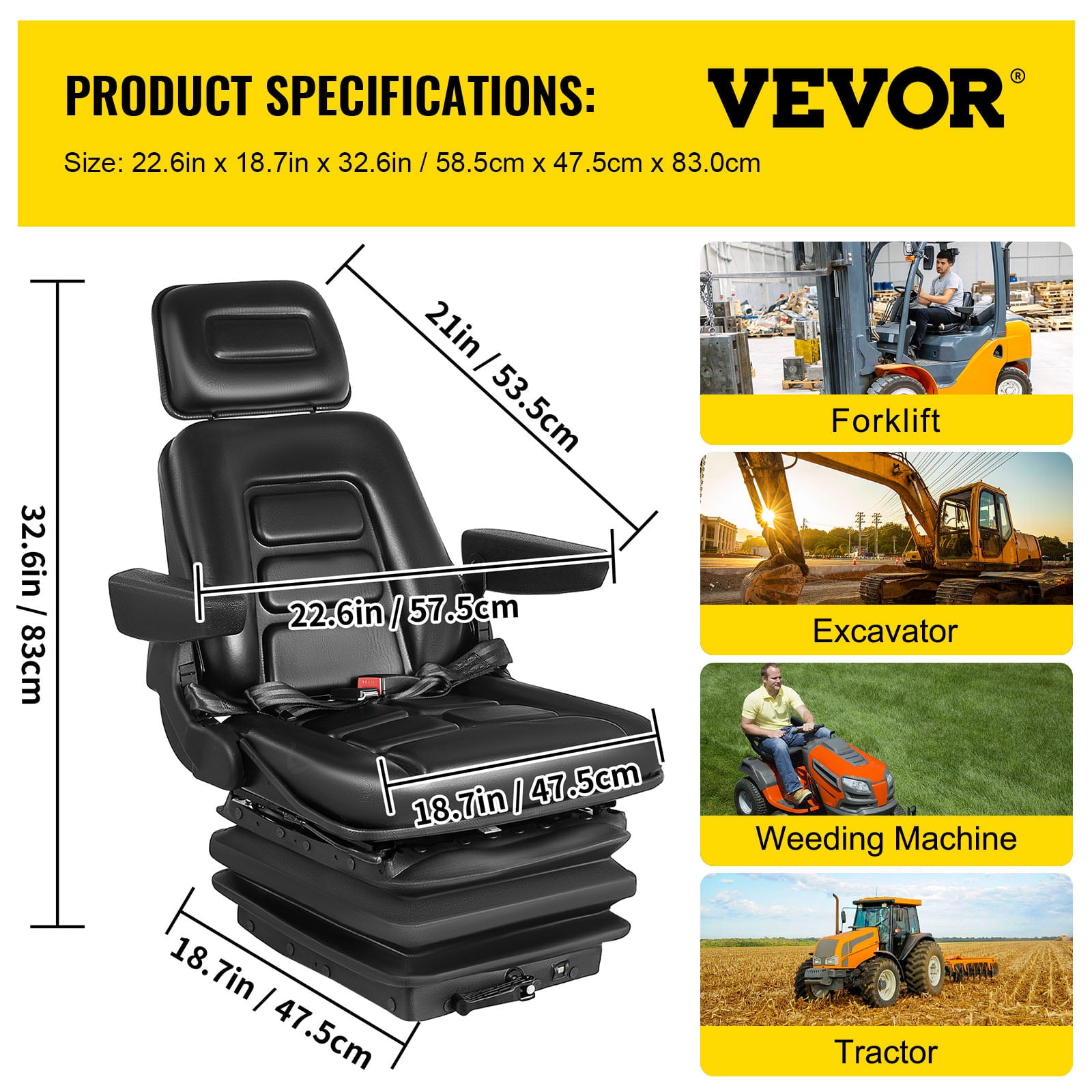 VEVOR Adjustable Suspension Backrest Headrest Foldable Forklift Seat with Slide Rails Replacement Truck Seat Heavy Duty for Tractor Forklift Excavator Skid Steer