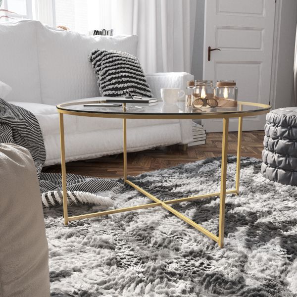 Greenwich Collection Coffee Table - Modern Clear Glass Accent Table with Crisscross Brushed Gold Frame