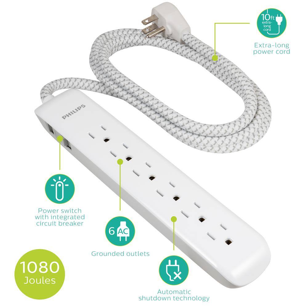 Phillips 10 ft. 163 6-Outlet 1080J Surge Protector Power Strip Extension Cord White SPC3064WGT137