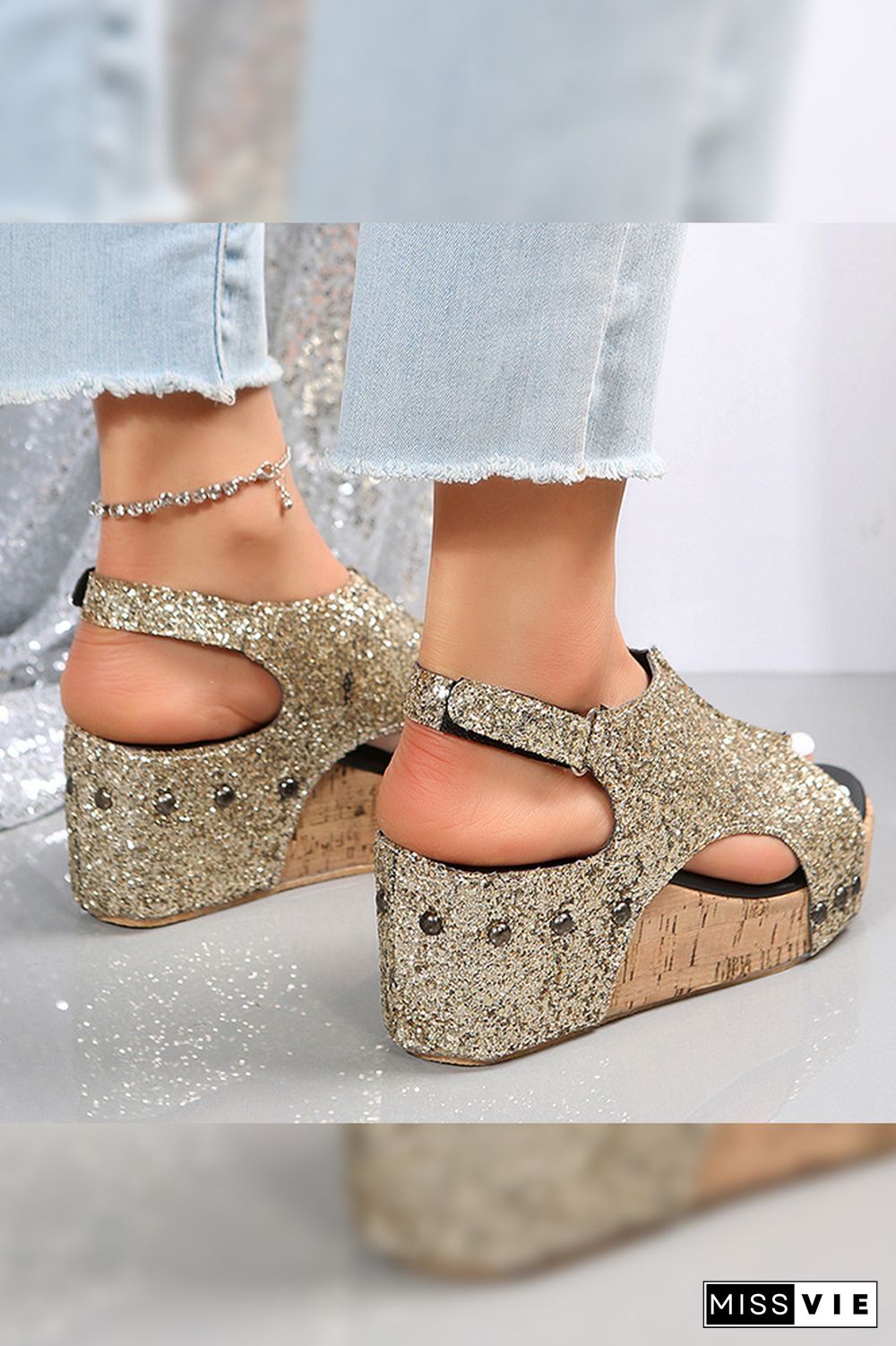 Bling Glitter Rivet Wedge Sandals