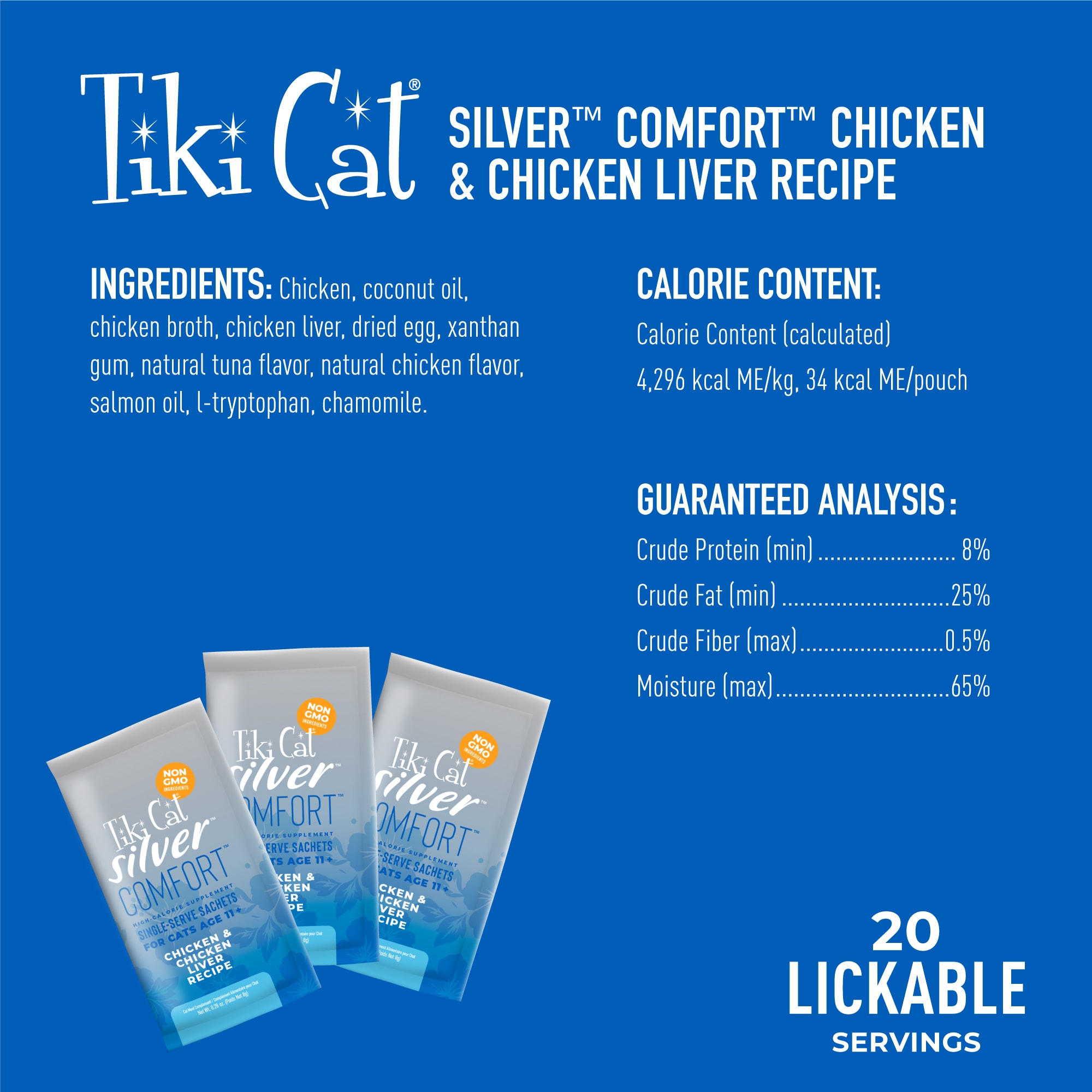 Tiki Cat Silver Comfort Chicken  Chicken Liver Wet Recipe for Cats， 0.28 oz.， Count of 20