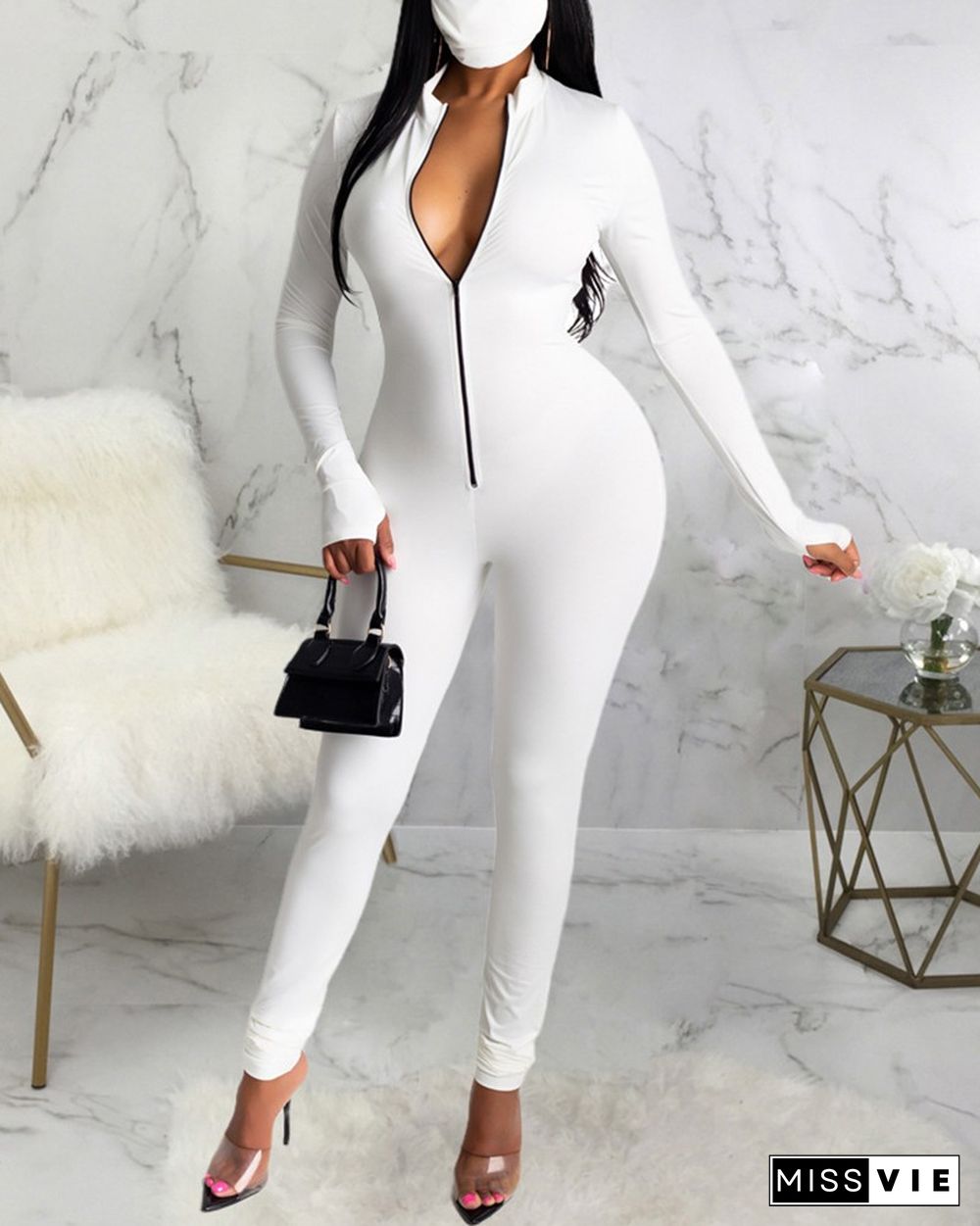 Long Sleeve Zipper Design Skinny Jumpsuit